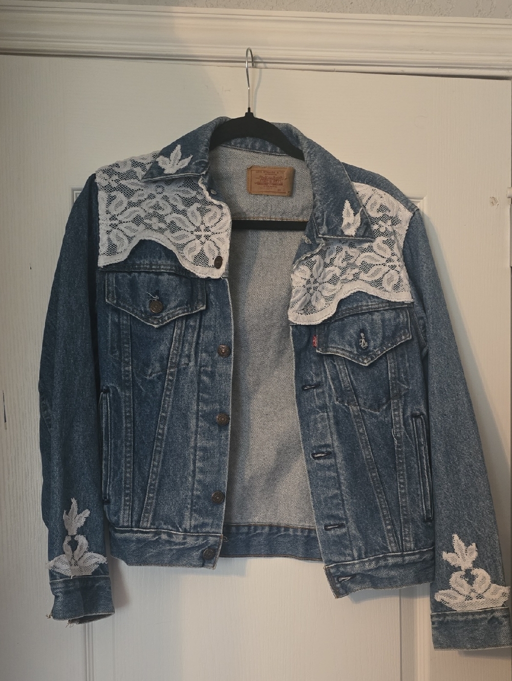Levis- Embellished Blue Denim Jacket with White Lace- Medium